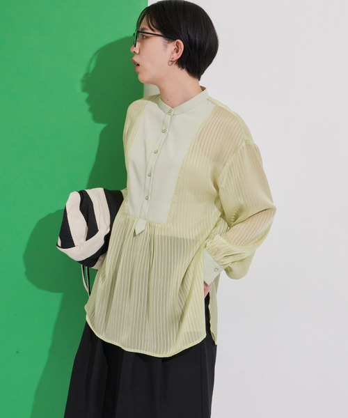 Aunt Marie's（アントマリーズ）の「シアーストライプドレスシャツ（シャツ/ブラウス・レディース・ブラック/ライトグリーン/アイボリー・FREE）」の4枚目の写真