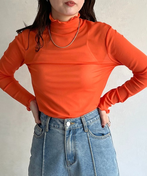 prose verse(プロズヴェール)の「シアーメロータートルカットソー(Tシャツ/カットソー・レディース・ホワイト/ブラック/オレンジ/グリーン/アイボリー/ピンク/モカ・FREE)」の8枚目の写真