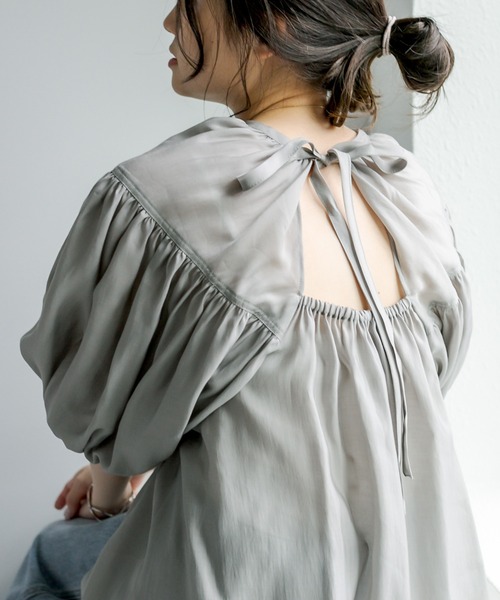 PUAL CE CIN（ピュアルセシン）の「【Du noir】シアーバックリボン ギャザーブラウス（シャツ/ブラウス・レディース・グレー/オフホワイト・FREE）」の10枚目の写真