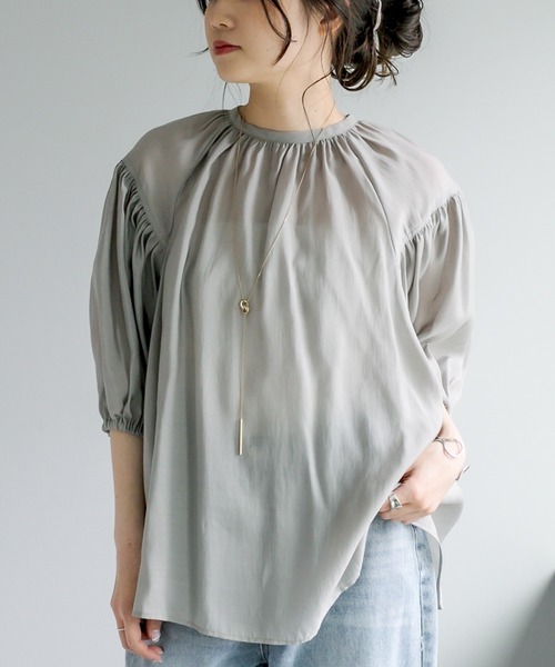 PUAL CE CIN（ピュアルセシン）の「【Du noir】シアーバックリボン ギャザーブラウス（シャツ/ブラウス・レディース・グレー/オフホワイト・FREE）」の7枚目の写真