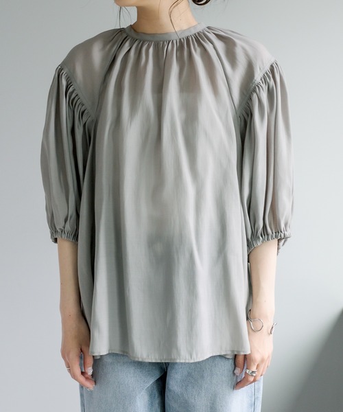 PUAL CE CIN（ピュアルセシン）の「【Du noir】シアーバックリボン ギャザーブラウス（シャツ/ブラウス・レディース・グレー/オフホワイト・FREE）」の11枚目の写真