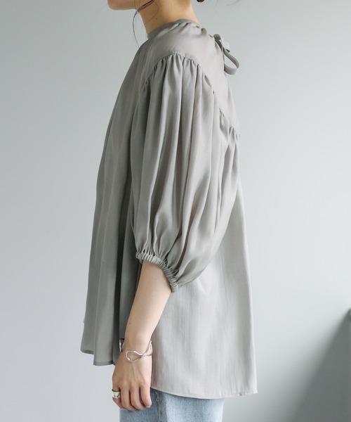 PUAL CE CIN（ピュアルセシン）の「【Du noir】シアーバックリボン ギャザーブラウス（シャツ/ブラウス・レディース・グレー/オフホワイト・FREE）」の12枚目の写真