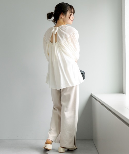 PUAL CE CIN（ピュアルセシン）の「【Du noir】シアーバックリボン ギャザーブラウス（シャツ/ブラウス・レディース・グレー/オフホワイト・FREE）」の6枚目の写真