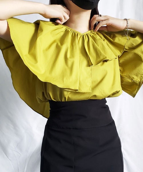 me+em select（ミームセレクト）の「※【 5COLOR 】ギャザーフリルケープカラーブラウス（シャツ/ブラウス・レディース・ホワイト/ブラック/イエロー/グレー/ブルー・FREE）」の16枚目の写真