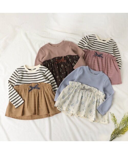 apres les cours（アプレレクール）の「WEB限定 ワッフルドッキングフレアTシャツ（Tシャツ/カットソー・キッズ・ブラウン/サックスブルー/ピンク/ベージュ・120/110/100/80/140/90/130）」の13枚目の写真