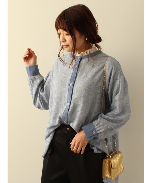 leswel(レスウェル)の「【L~5L 大きいサイズ】カットジャガード バンドカラー ブラウス(シャツ/ブラウス・レディース・クリーム/ブルー/ネイビー・L/LL/4L/3L/5L)」の1枚目の写真