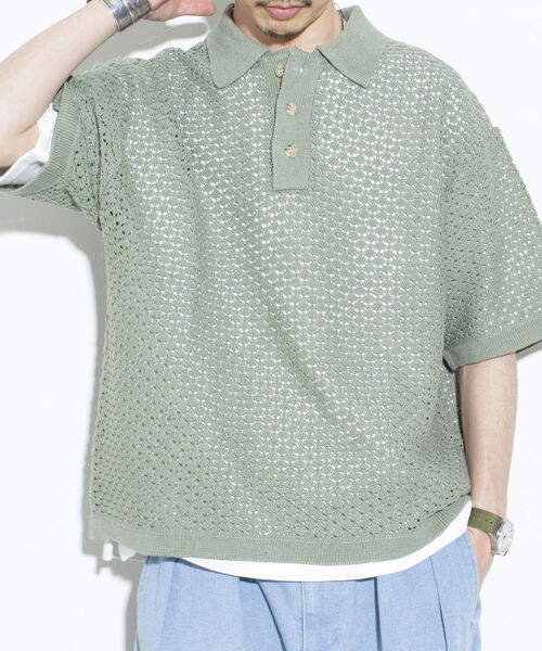 GLOSTER（グロスター）の「【GLOSTER/グロスター】透かし編みニットポロ クロシェ編み ポロ ニットポロ ポロシャツ（ポロシャツ・メンズ・ブラック/ライトグリーン/キャメル・M/L）」の2枚目の写真