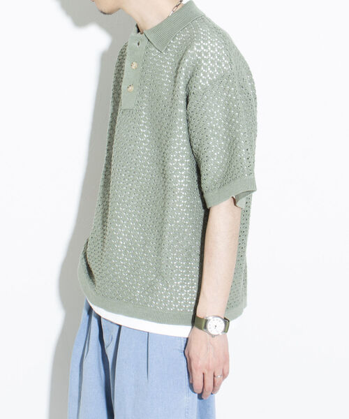 GLOSTER（グロスター）の「【GLOSTER/グロスター】透かし編みニットポロ クロシェ編み ポロ ニットポロ ポロシャツ（ポロシャツ・メンズ・ブラック/ライトグリーン/キャメル・M/L）」の5枚目の写真