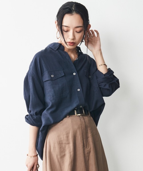 CHIC STYLE(シックスタイル)の「<大きいサイズ>レーヨン麻チュニックシャツ シックスタイル(シャツ/ブラウス・レディース・モカ/グリーン/ネイビー・LL/L/3L/4L/5L)」の6枚目の写真