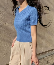 SONA シンプルVネックケーブル半袖ニット