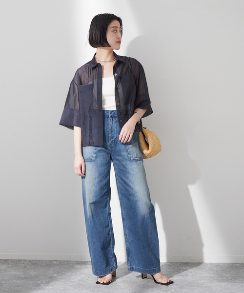 journal standard L'essage(ジャーナルスタンダードレサージュ)の「シアーワッシャーハーフスリーブシャツ(シャツ/ブラウス・レディース・ピンク/ネイビー/アイボリー・FREE)」の6枚目の写真