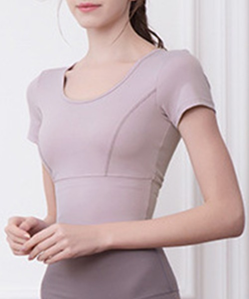 HYSSHOP（エイチワイエスショップ）の「【大きいサイズ有/クロップド丈/速乾/ストレッチ有】半袖 バックストラッピー ヨガウェアトップス[トレーニングウェア/ジムウェア/ピラティスウェア]（その他アンダーウェア/インナー・レディース・アイボリー/ラベンダー/ブラック/ホワイト/ブルー/グレー/ピンク・L/M/S/XL）」の14枚目の写真