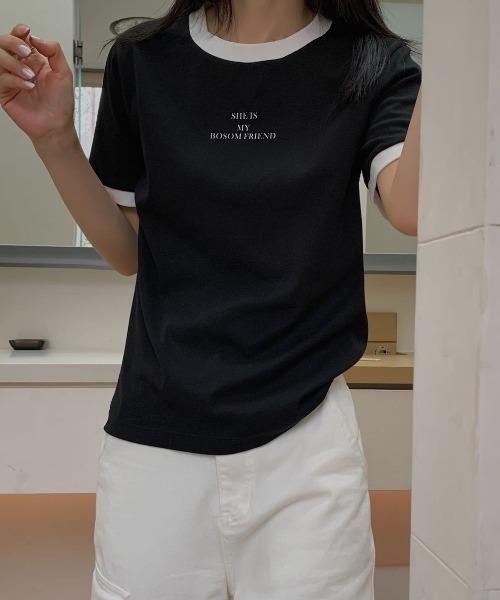 LAC-VERT（ラック・ヴェール）の「パイピングクルーネックTシャツ（Tシャツ/カットソー・レディース・ホワイト/ブラック・FREE）」の2枚目の写真