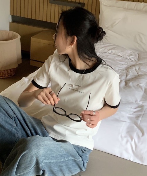 LAC-VERT（ラック・ヴェール）の「パイピングクルーネックTシャツ（Tシャツ/カットソー・レディース・ホワイト/ブラック・FREE）」の4枚目の写真