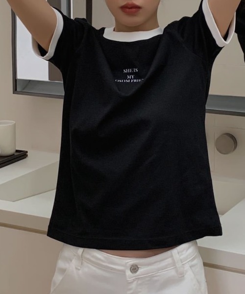 LAC-VERT（ラック・ヴェール）の「パイピングクルーネックTシャツ（Tシャツ/カットソー・レディース・ホワイト/ブラック・FREE）」の11枚目の写真