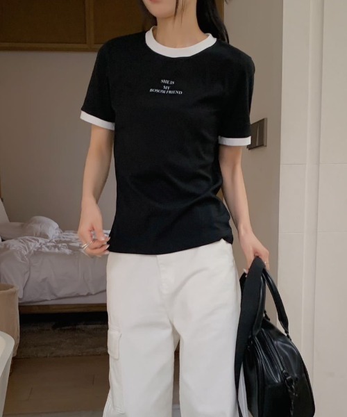 LAC-VERT（ラック・ヴェール）の「パイピングクルーネックTシャツ（Tシャツ/カットソー・レディース・ホワイト/ブラック・FREE）」の5枚目の写真