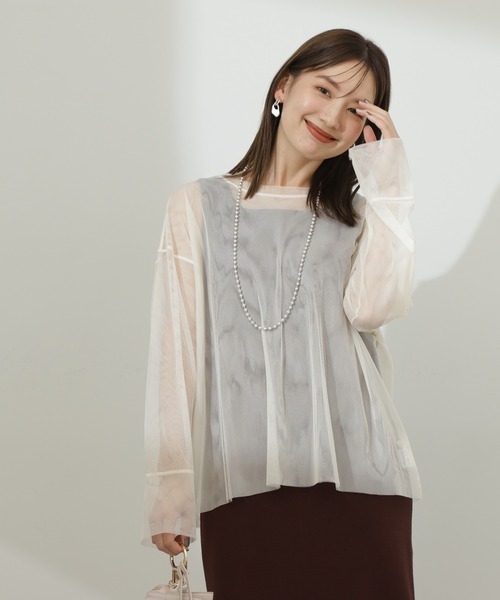 N.（N. Natural Beauty Basic）（エヌエヌナチュラルビューティーベーシック）の「◆ダブルチュールトップ（シャツ/ブラウス・レディース・ブラック/オフホワイト・MEDIUM）」の8枚目の写真