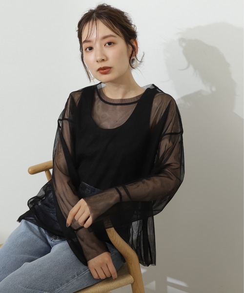 N.（N. Natural Beauty Basic）（エヌエヌナチュラルビューティーベーシック）の「◆ダブルチュールトップ（シャツ/ブラウス・レディース・ブラック/オフホワイト・MEDIUM）」の7枚目の写真