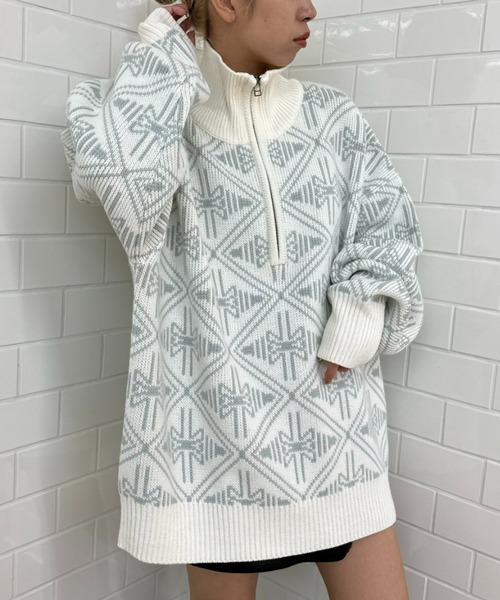 CIAOPANIC（チャオパニック）の「幾何学柄ハーフジップローゲージニットプルオーバー（ニット/セーター・レディース・ホワイト/グレー/ブラック・M/L）」の17枚目の写真