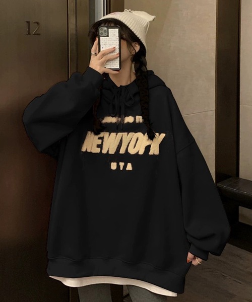 shopnikoniko（ショップニコニコ）の「ロゴ パーカー 厚手 裏起毛 オーバーサイズ カレッジロゴ ビッグシルエット フーディー（パーカー・レディース・ブラック/グレー・フリー）」の9枚目の写真