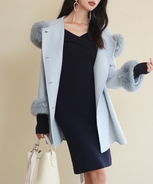 セール】ベルト付きダブルフェイスガウンコート（ダウンジャケット