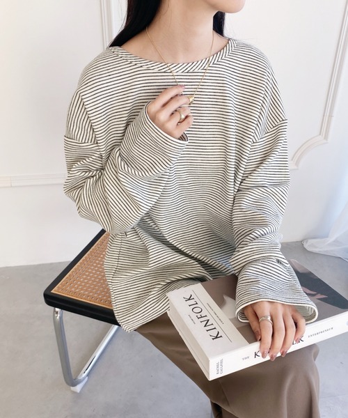 新品SeaRoomlynn LogoマルチボーダールーズロンT ブラウン