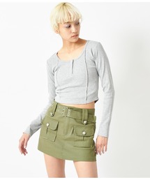 ANAP | テレコリブヘンリーネックラインピンタックデザインロングスリーブトップス(Tシャツ/カットソー)