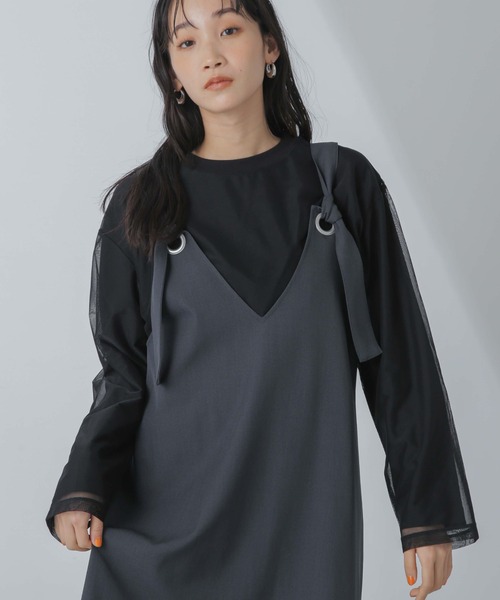 NANO universe（ナノユニバース）の「チュールレイヤードロングスリーブＴシャツ（Tシャツ/カットソー・レディース・ホワイト/サーモンピンク/ブラック・FREE）」の16枚目の写真