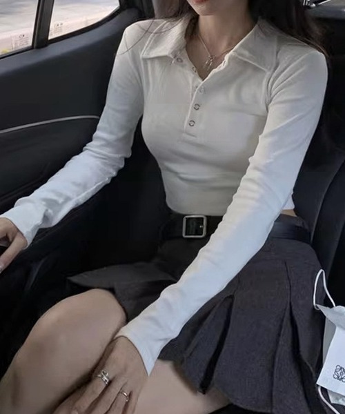 HALEY PESCA（ヘーリーペスカ）の「HALEY PESCA/無地ヘンリーネックポロカットソー ロンT（Tシャツ/カットソー・レディース・ブラック/ホワイト/グレー・SMALL/MEDIUM/LARGE）」の2枚目の写真