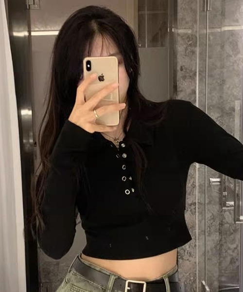 HALEY PESCA（ヘーリーペスカ）の「HALEY PESCA/無地ヘンリーネックポロカットソー ロンT（Tシャツ/カットソー・レディース・ブラック/ホワイト/グレー・SMALL/MEDIUM/LARGE）」の16枚目の写真