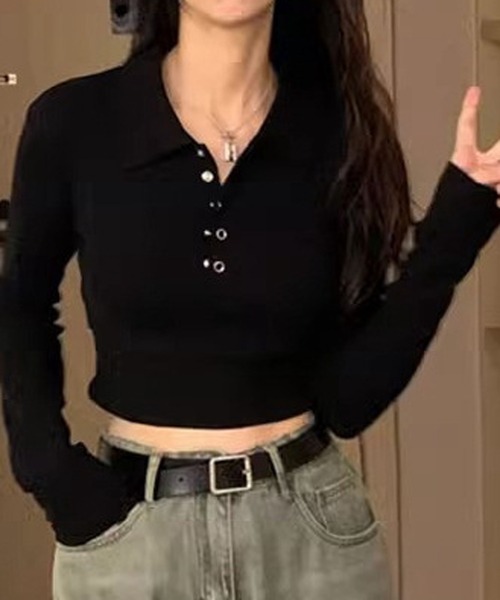 HALEY PESCA（ヘーリーペスカ）の「HALEY PESCA/無地ヘンリーネックポロカットソー ロンT（Tシャツ/カットソー・レディース・ブラック/ホワイト/グレー・SMALL/MEDIUM/LARGE）」の17枚目の写真