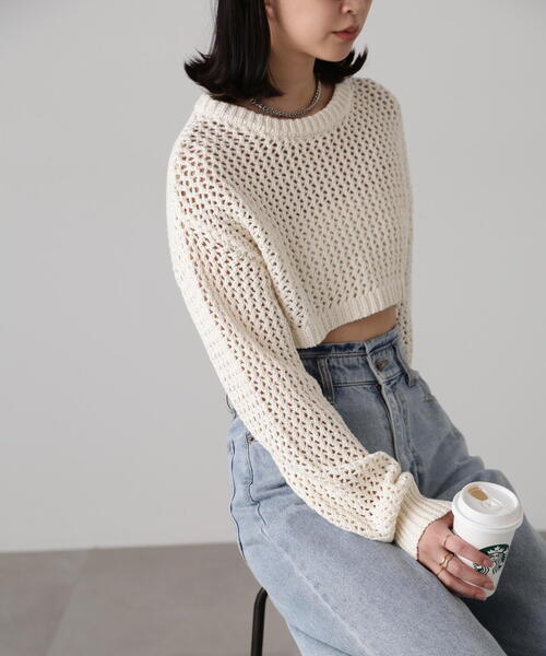 FREE'S MART（フリーズマート）の「ショート丈メッシュニットプルオーバー（ニット/セーター・レディース・ライトグリーン/ブラック/ベージュ・FREE）」の14枚目の写真