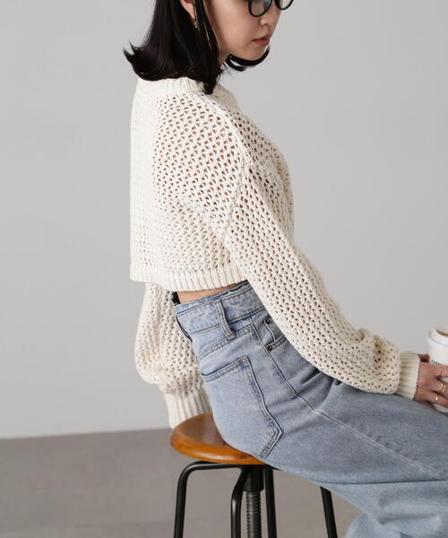 FREE'S MART（フリーズマート）の「ショート丈メッシュニットプルオーバー（ニット/セーター・レディース・ライトグリーン/ブラック/ベージュ・FREE）」の4枚目の写真