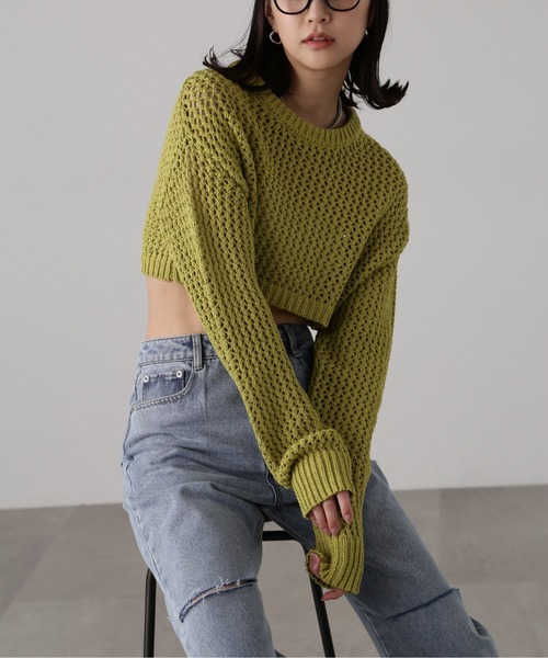 FREE'S MART（フリーズマート）の「ショート丈メッシュニットプルオーバー（ニット/セーター・レディース・ライトグリーン/ブラック/ベージュ・FREE）」の3枚目の写真