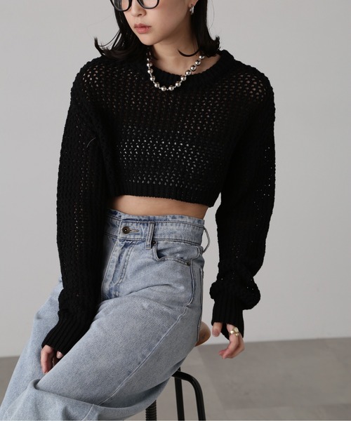 FREE'S MART（フリーズマート）の「ショート丈メッシュニットプルオーバー（ニット/セーター・レディース・ライトグリーン/ブラック/ベージュ・FREE）」の12枚目の写真