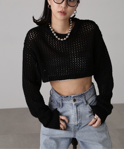 FREE'S MART（フリーズマート）の「ショート丈メッシュニットプルオーバー（ニット/セーター・レディース・ライトグリーン/ブラック/ベージュ・FREE）」の8枚目の写真