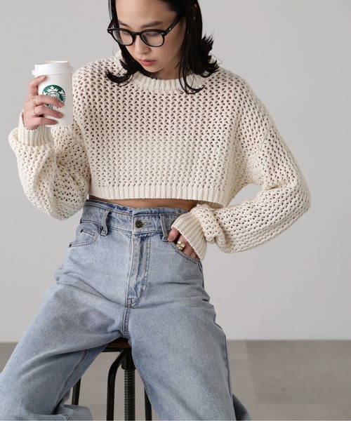 FREE'S MART（フリーズマート）の「ショート丈メッシュニットプルオーバー（ニット/セーター・レディース・ライトグリーン/ブラック/ベージュ・FREE）」の6枚目の写真