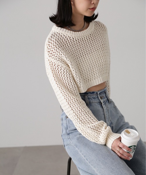 FREE'S MART（フリーズマート）の「ショート丈メッシュニットプルオーバー（ニット/セーター・レディース・ライトグリーン/ブラック/ベージュ・FREE）」の5枚目の写真