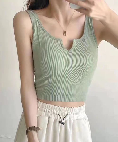 Lace Ladies(レースレディース)の「キーネック クロップド リブ カップ付き タンクトップ(タンクトップ・レディース・ミント/グレー/ブラック/ホワイト・FREE)」の1枚目の写真