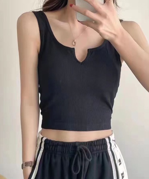 Lace Ladies(レースレディース)の「キーネック クロップド リブ カップ付き タンクトップ(タンクトップ・レディース・ミント/グレー/ブラック/ホワイト・FREE)」の3枚目の写真