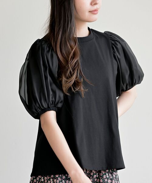 rps(アールピーエス)の「オーガンジーパフスリーブ半袖Tee(Tシャツ/カットソー・レディース・オフホワイト/ブラック・フリー)」の1枚目の写真