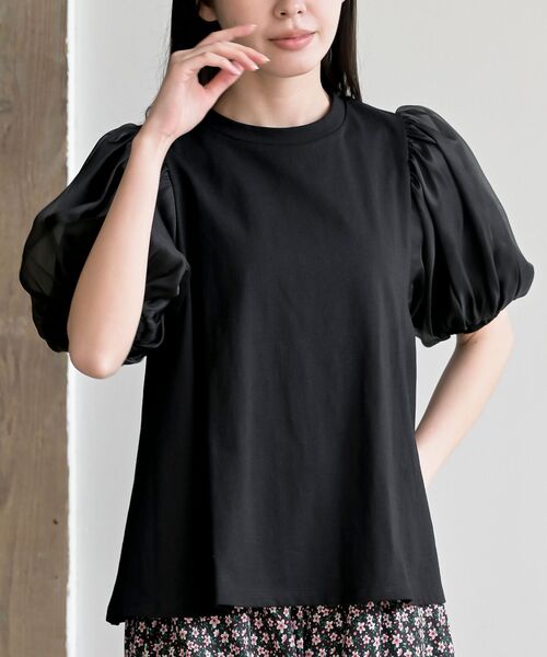 rps(アールピーエス)の「オーガンジーパフスリーブ半袖Tee(Tシャツ/カットソー・レディース・オフホワイト/ブラック・フリー)」の3枚目の写真