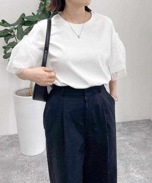 fredy emue（フレディエミュ）の「袖チュールフレアポンチプルオーバー（Tシャツ/カットソー・レディース・ブラック/オフホワイト/ベージュ・38）」の8枚目の写真