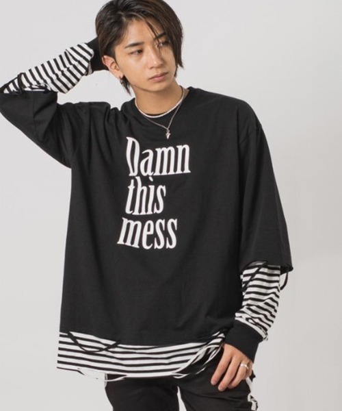 RE730（アールイーセブンサーティー）の「【RE730】ビッグシルエットフェイクレイヤードロンT（Tシャツ/カットソー・メンズ・ブラック/チャコールグレー/ブラック×ホワイト・MEDIUM/LARGE）」の2枚目の写真