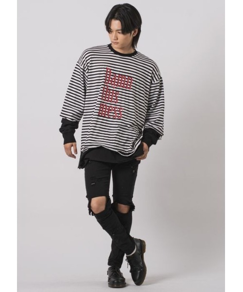 RE730（アールイーセブンサーティー）の「【RE730】ビッグシルエットフェイクレイヤードロンT（Tシャツ/カットソー・メンズ・ブラック/チャコールグレー/ブラック×ホワイト・MEDIUM/LARGE）」の8枚目の写真