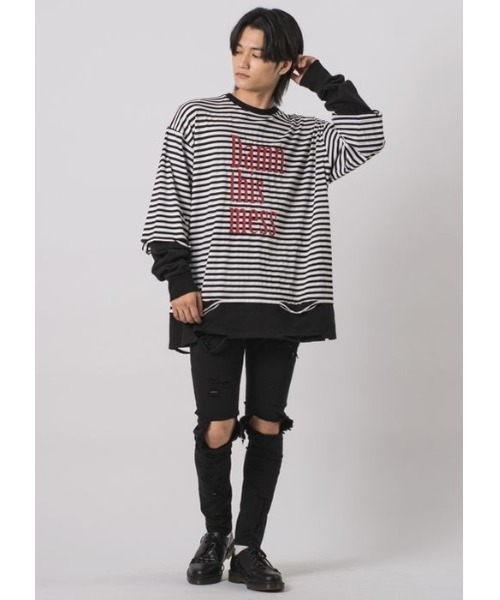 RE730（アールイーセブンサーティー）の「【RE730】ビッグシルエットフェイクレイヤードロンT（Tシャツ/カットソー・メンズ・ブラック/チャコールグレー/ブラック×ホワイト・MEDIUM/LARGE）」の9枚目の写真