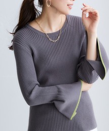 配色フレアスリーブリブニット