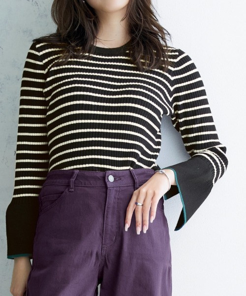 nissen（ニッセン）の「配色フレアスリーブリブニット（ニット/セーター・レディース・ブラック/チャコールグレー/グリーン系/ブラック系/ライトベージュ・L/LL/M/S）」の7枚目の写真