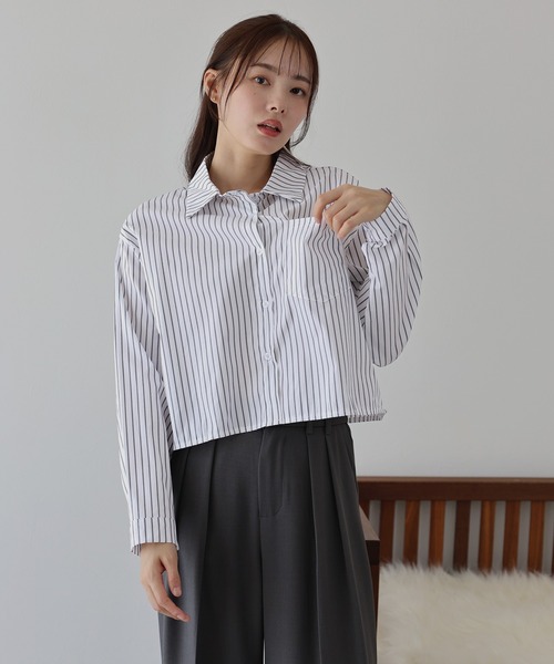 ミニフリルストライプシャツ36ブルー