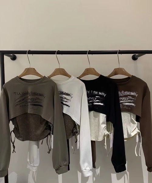 deux amour（ドゥーザムール）の「短丈プリントトップス＋サイドシャーリングタンクトップセット（Tシャツ/カットソー・レディース・ブラウン/ブラック/ホワイト・FREE）」の6枚目の写真